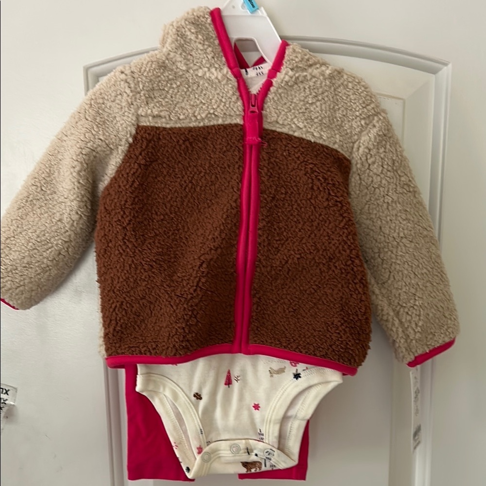 Carter’s baby girl fleece zip up jacket, long sleeve onesie and leggings